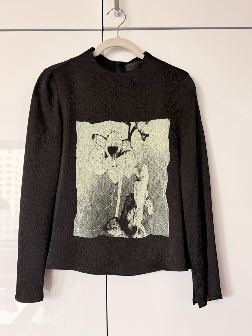 No. 6 Black Long-Sleeve Silk Top with Cream Floral Graphic
